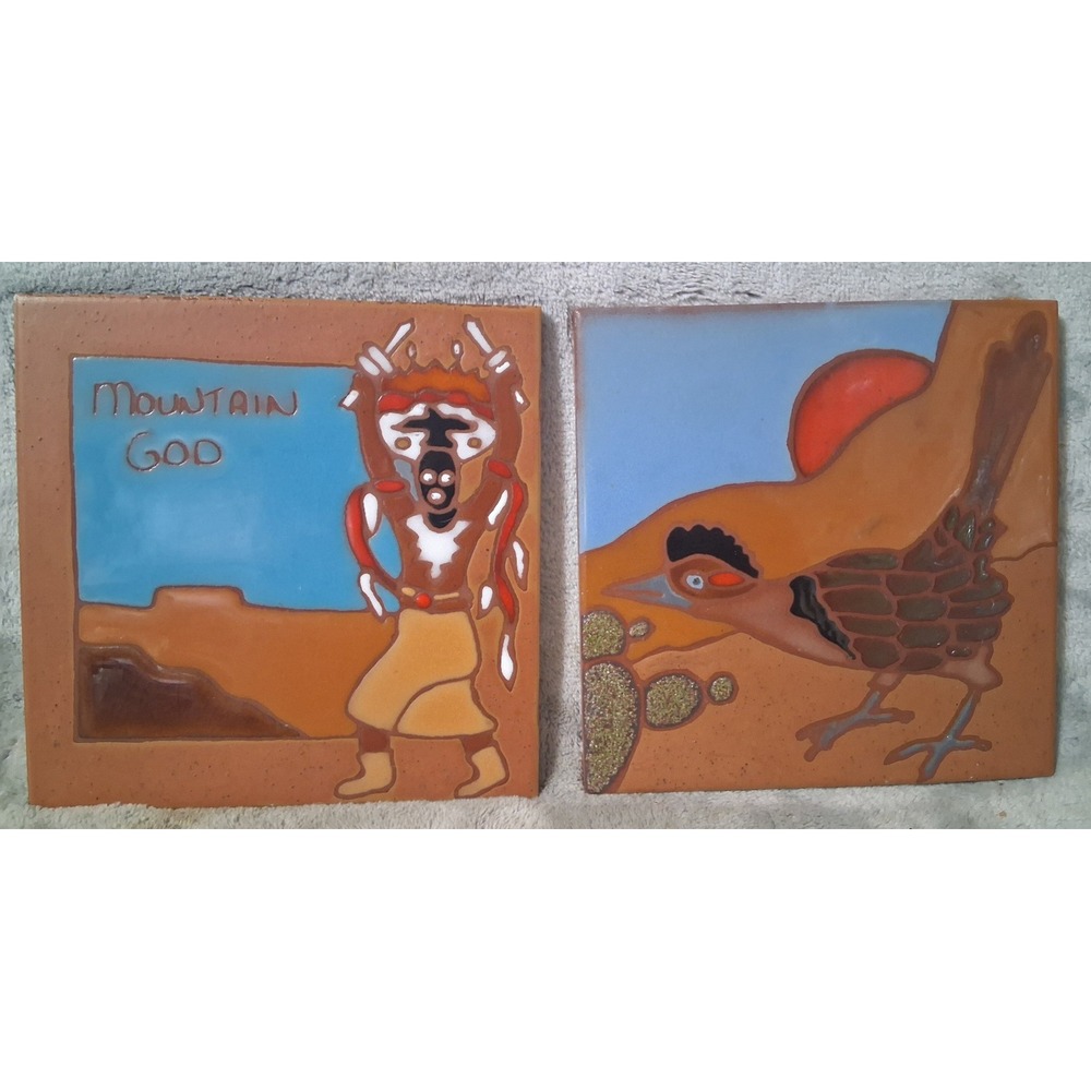 Vtg Edilgres S.p.A.‎ Italy Southwest Ceramic Tile Trivet Pair Roadrunner Mt God